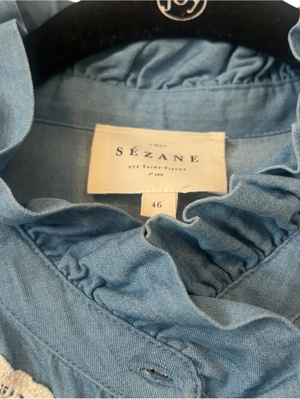 Sézane Ulysse Chambray Blouse US 14 EU 46 Blue Ruffle Lace Embroidered Top - Picture 5 of 10